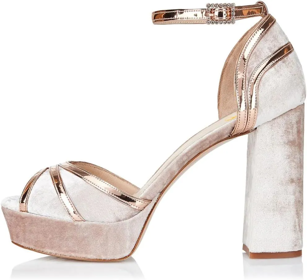 XYD Women Plated Block Heel Peep Toe Velvet Sandals Ankle Strap Platform Buckle Pumps Elegant Party Bridal Shoes