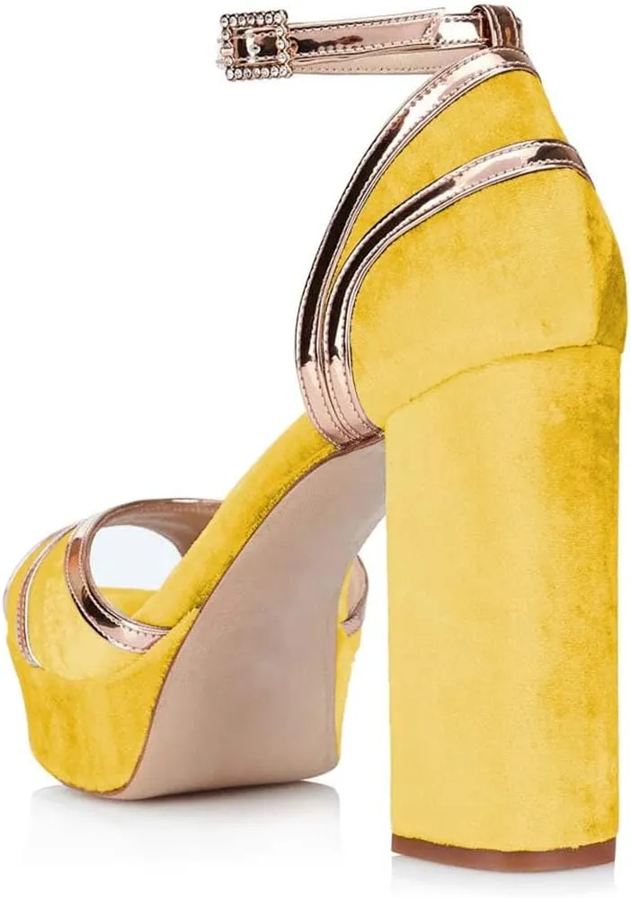 XYD Women Plated Block Heel Peep Toe Velvet Sandals Ankle Strap Platform Buckle Pumps Elegant Party Bridal Shoes