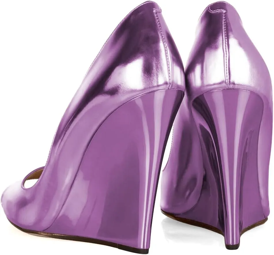 XYD Women Stylish Metallic Leather Peep Toe Slip On Pumps Wedges High Heel Fashion Party Event Nightclub Dressy Shoes