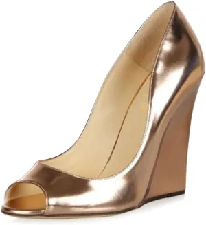 XYD Women Stylish Metallic Leather Peep Toe Slip On Pumps Wedges High Heel Fashion Party Event Nightclub Dressy Shoes