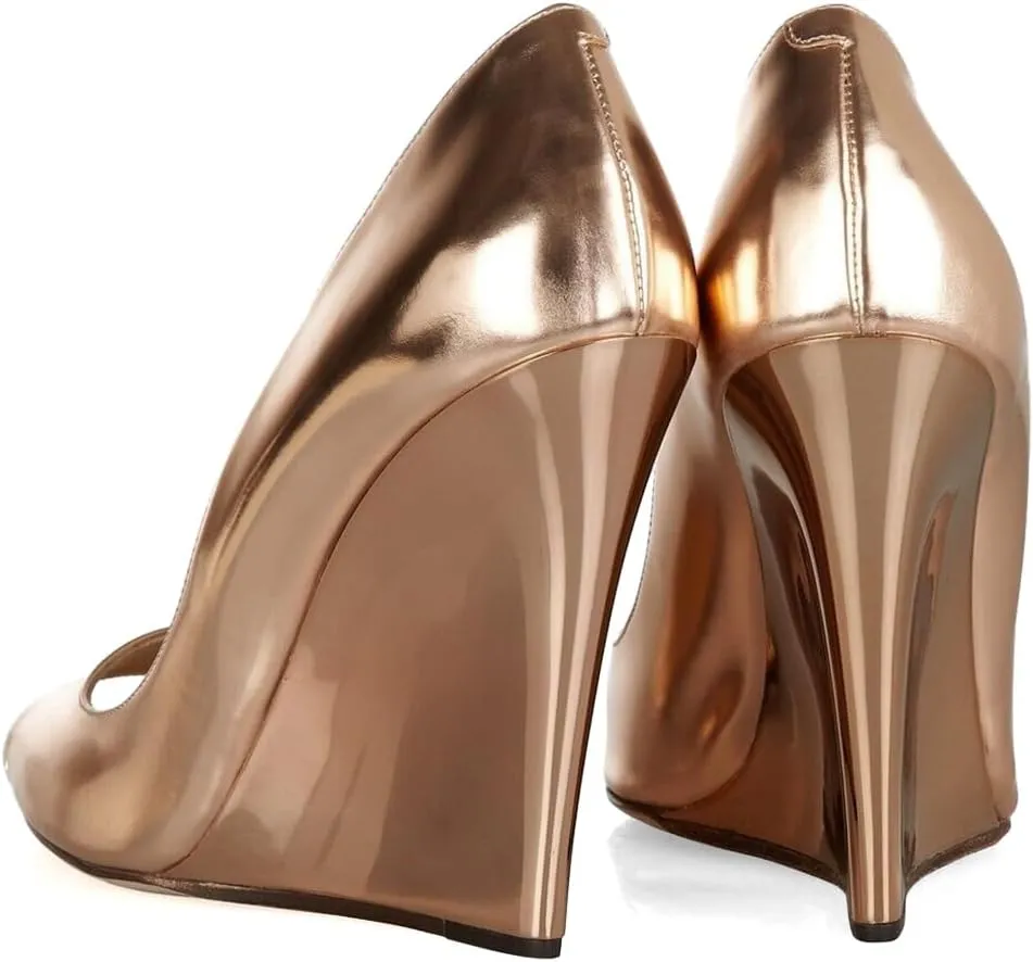 XYD Women Stylish Metallic Leather Peep Toe Slip On Pumps Wedges High Heel Fashion Party Event Nightclub Dressy Shoes