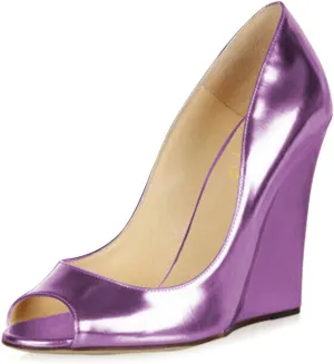 XYD Women Stylish Metallic Leather Peep Toe Slip On Pumps Wedges High Heel Fashion Party Event Nightclub Dressy Shoes