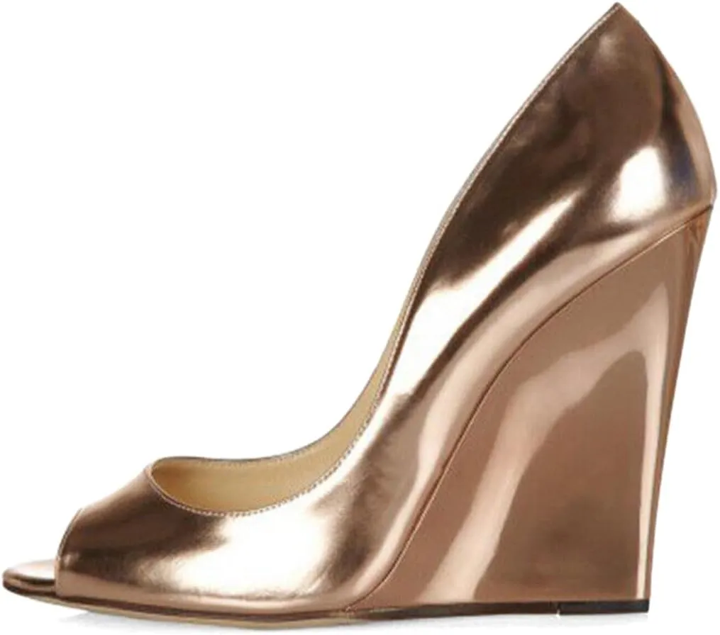 XYD Women Stylish Metallic Leather Peep Toe Slip On Pumps Wedges High Heel Fashion Party Event Nightclub Dressy Shoes