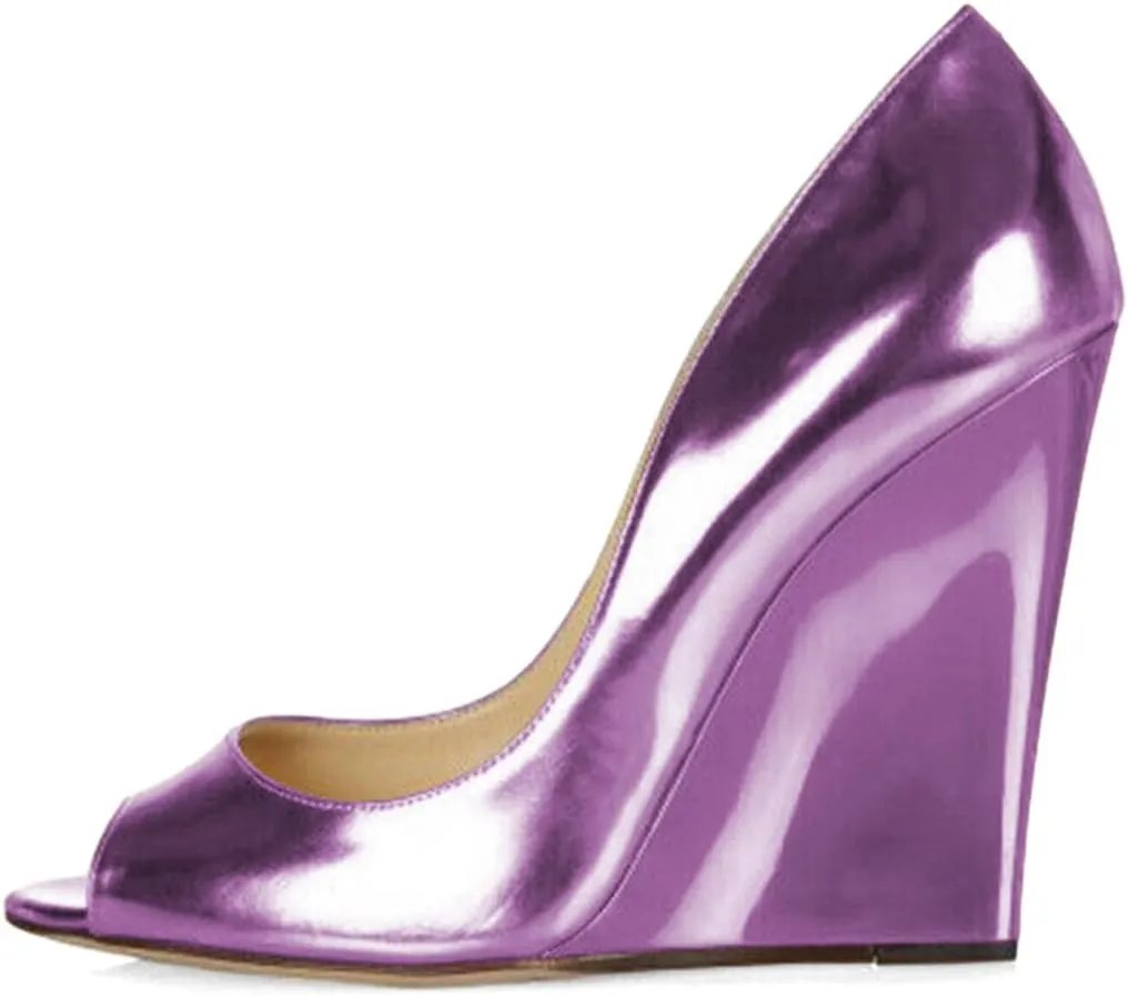 XYD Women Stylish Metallic Leather Peep Toe Slip On Pumps Wedges High Heel Fashion Party Event Nightclub Dressy Shoes
