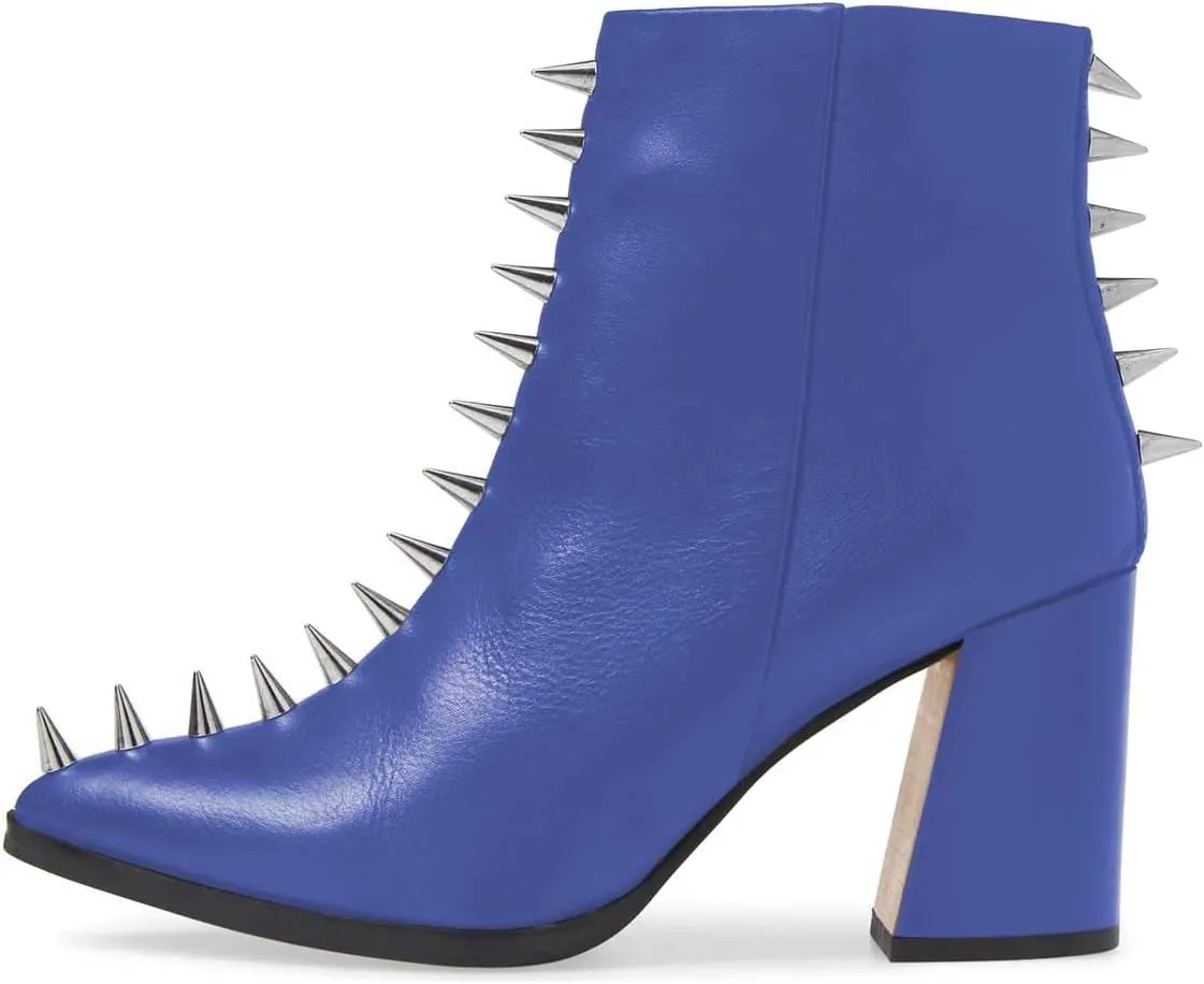 XYD Women Stylish Pointy Toe Spiked Rivet Studded Ankle Boots Mid Block Heel Side Zippers Party Dress Short Booties