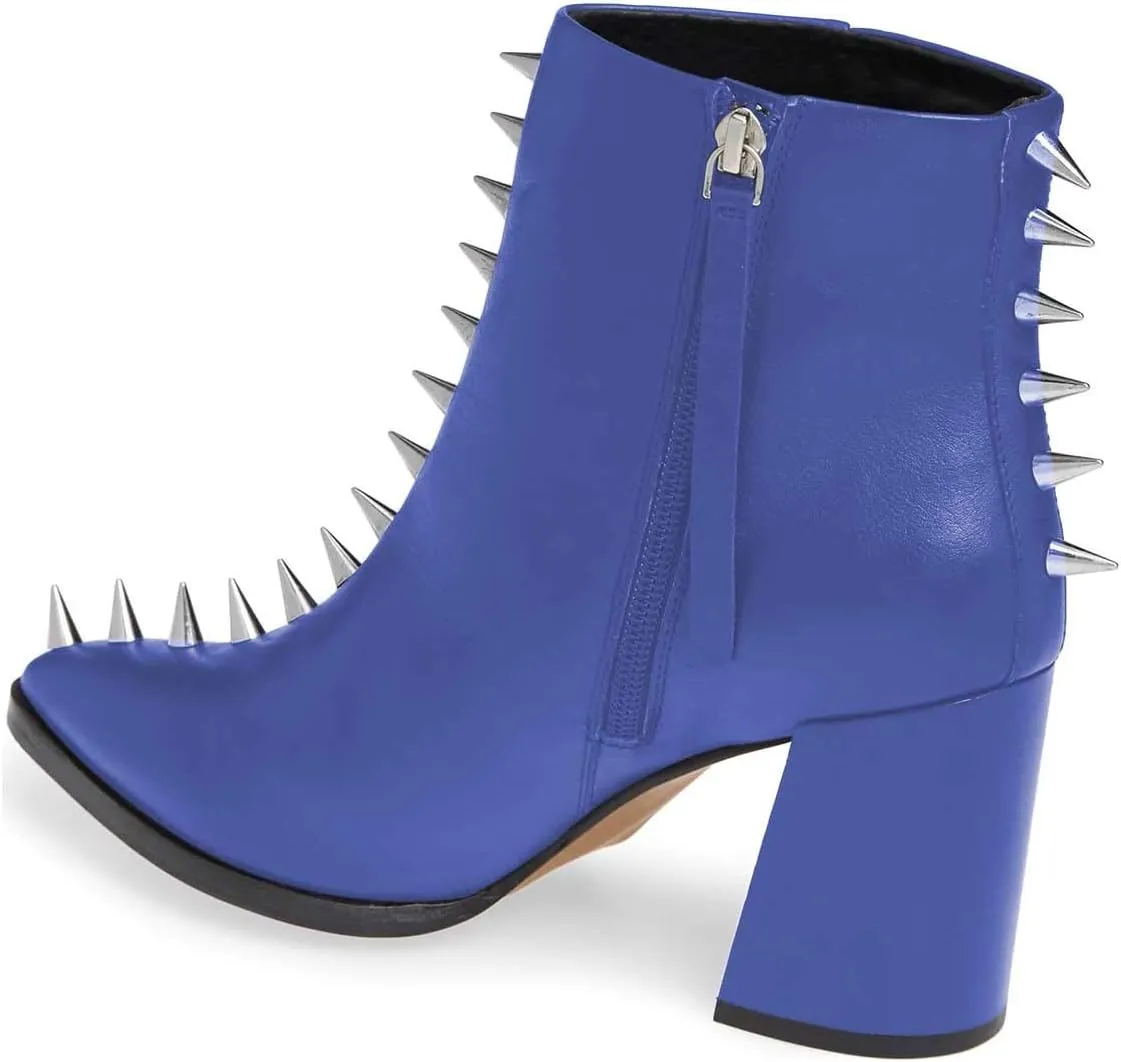 XYD Women Stylish Pointy Toe Spiked Rivet Studded Ankle Boots Mid Block Heel Side Zippers Party Dress Short Booties