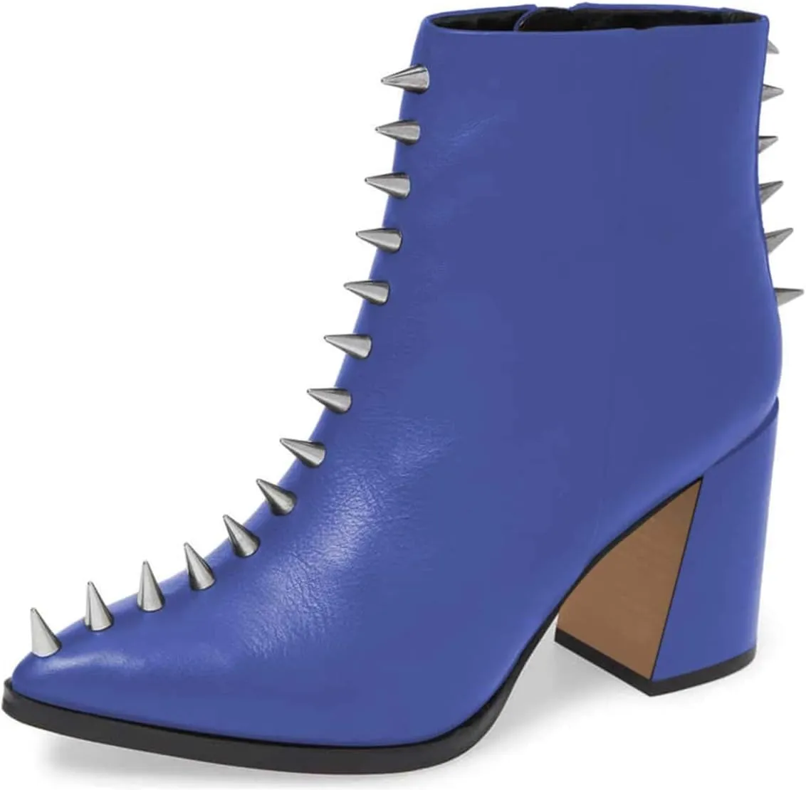 XYD Women Stylish Pointy Toe Spiked Rivet Studded Ankle Boots Mid Block Heel Side Zippers Party Dress Short Booties