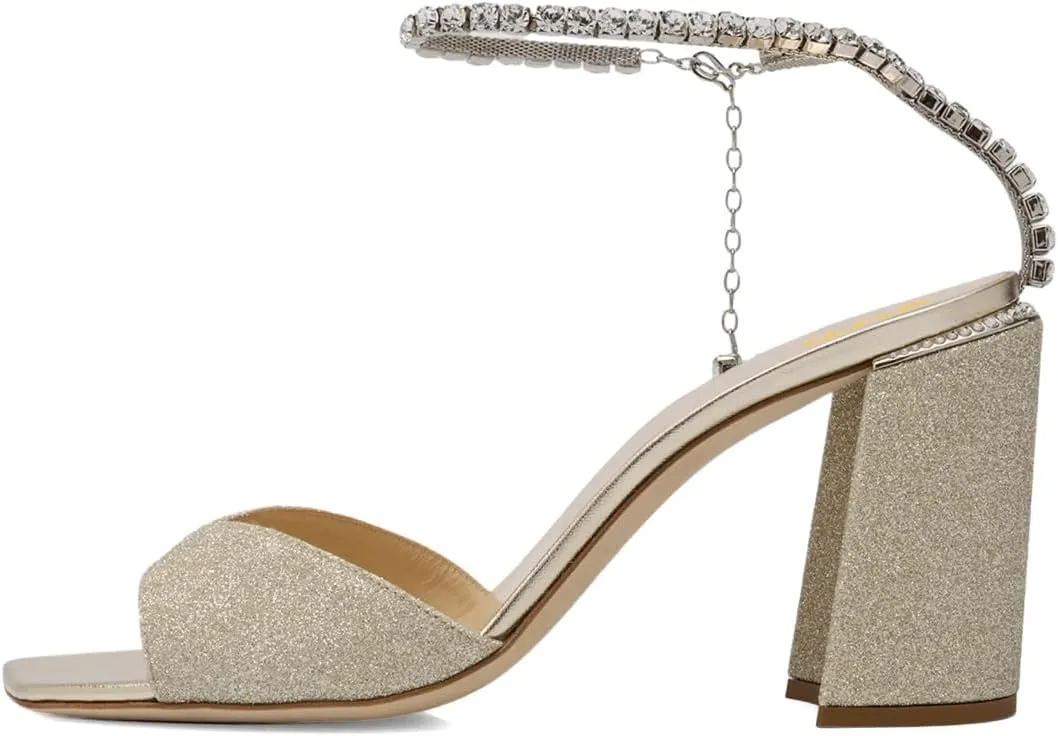 XYD Women's Chunky Block Heel Sandals Crystal Chain Ankle Strap Square Open Toe Pumps Stylish Evening Party Prom Shoes