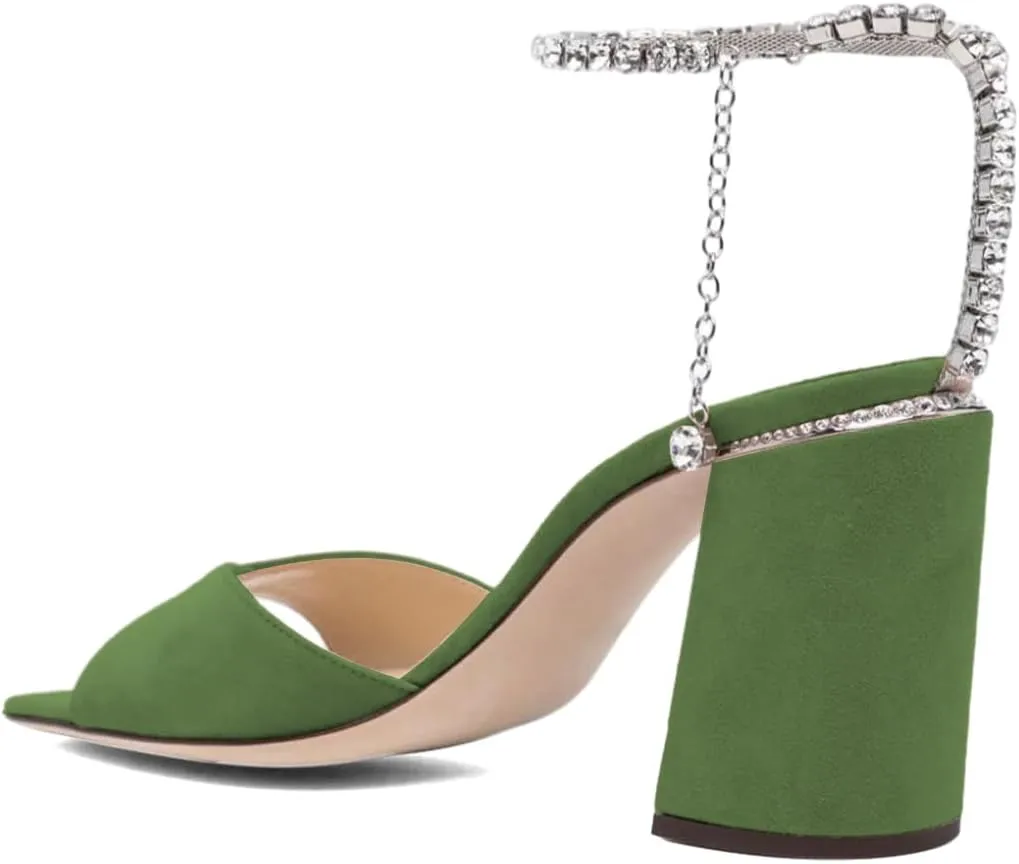 XYD Women's Chunky Block Heel Sandals Crystal Chain Ankle Strap Square Open Toe Pumps Stylish Evening Party Prom Shoes