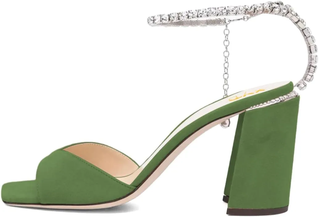XYD Women's Chunky Block Heel Sandals Crystal Chain Ankle Strap Square Open Toe Pumps Stylish Evening Party Prom Shoes