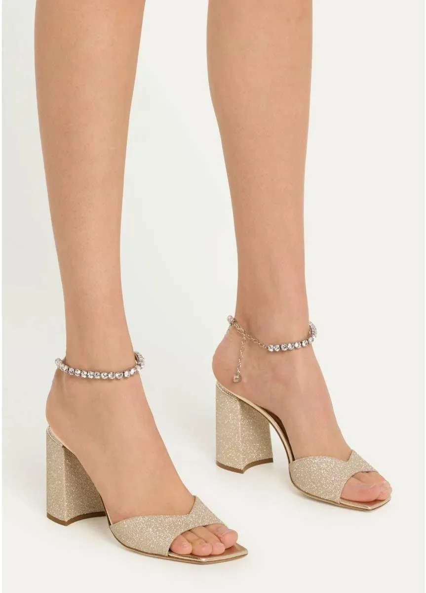 XYD Women's Chunky Block Heel Sandals Crystal Chain Ankle Strap Square Open Toe Pumps Stylish Evening Party Prom Shoes