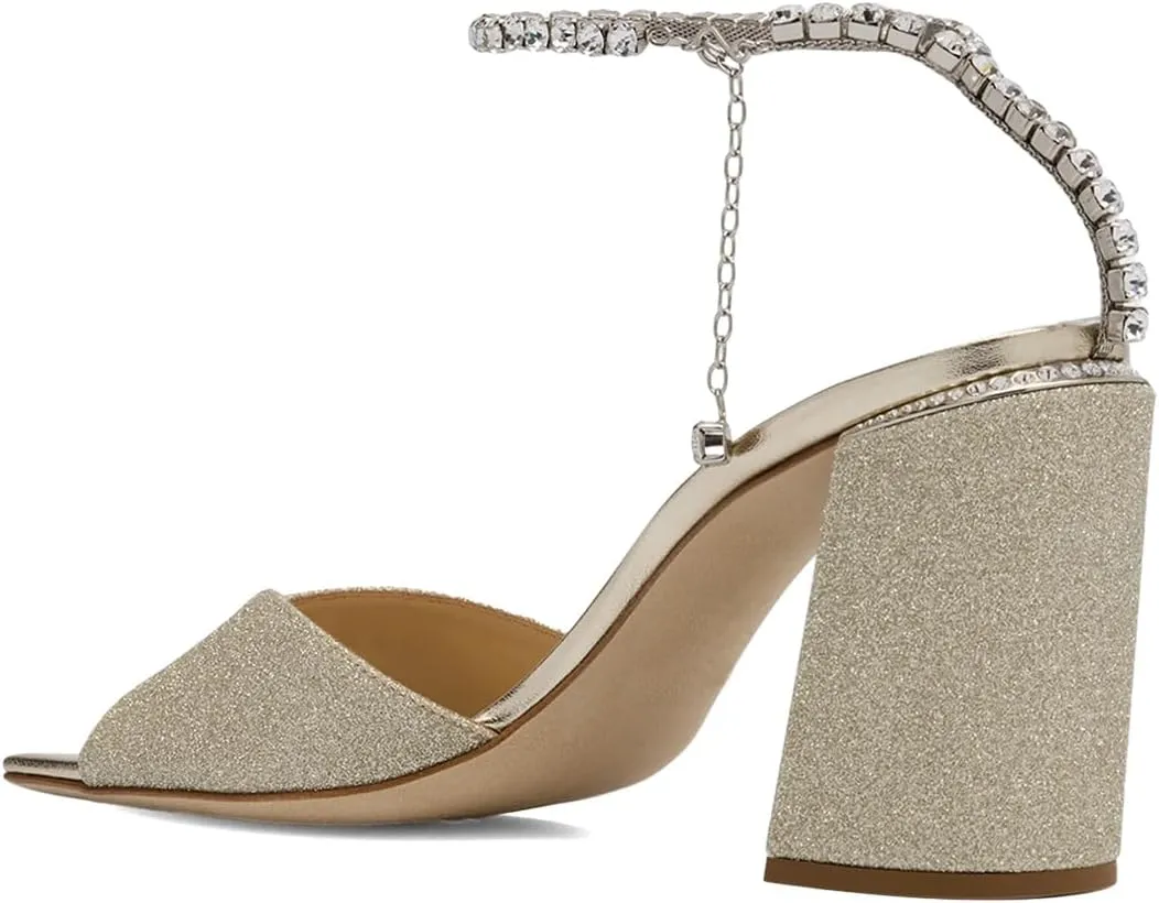 XYD Women's Chunky Block Heel Sandals Crystal Chain Ankle Strap Square Open Toe Pumps Stylish Evening Party Prom Shoes
