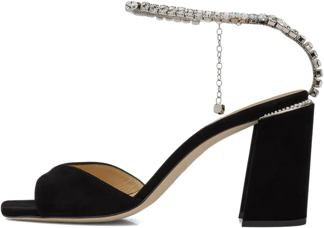 XYD Women's Chunky Block Heel Sandals Crystal Chain Ankle Strap Square Open Toe Pumps Stylish Evening Party Prom Shoes
