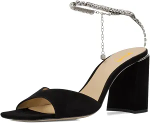 XYD Women's Chunky Block Heel Sandals Crystal Chain Ankle Strap Square Open Toe Pumps Stylish Evening Party Prom Shoes
