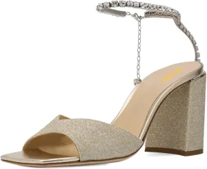 XYD Women's Chunky Block Heel Sandals Crystal Chain Ankle Strap Square Open Toe Pumps Stylish Evening Party Prom Shoes