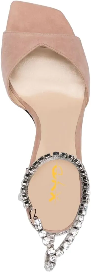 XYD Women's Chunky Block Heel Sandals Crystal Chain Ankle Strap Square Open Toe Pumps Stylish Evening Party Prom Shoes