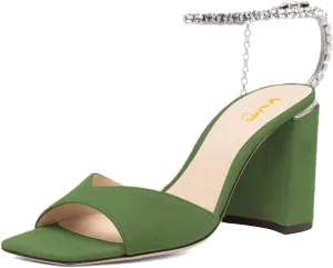 XYD Women's Chunky Block Heel Sandals Crystal Chain Ankle Strap Square Open Toe Pumps Stylish Evening Party Prom Shoes