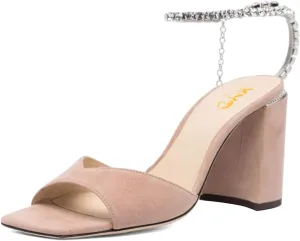 XYD Women's Chunky Block Heel Sandals Crystal Chain Ankle Strap Square Open Toe Pumps Stylish Evening Party Prom Shoes