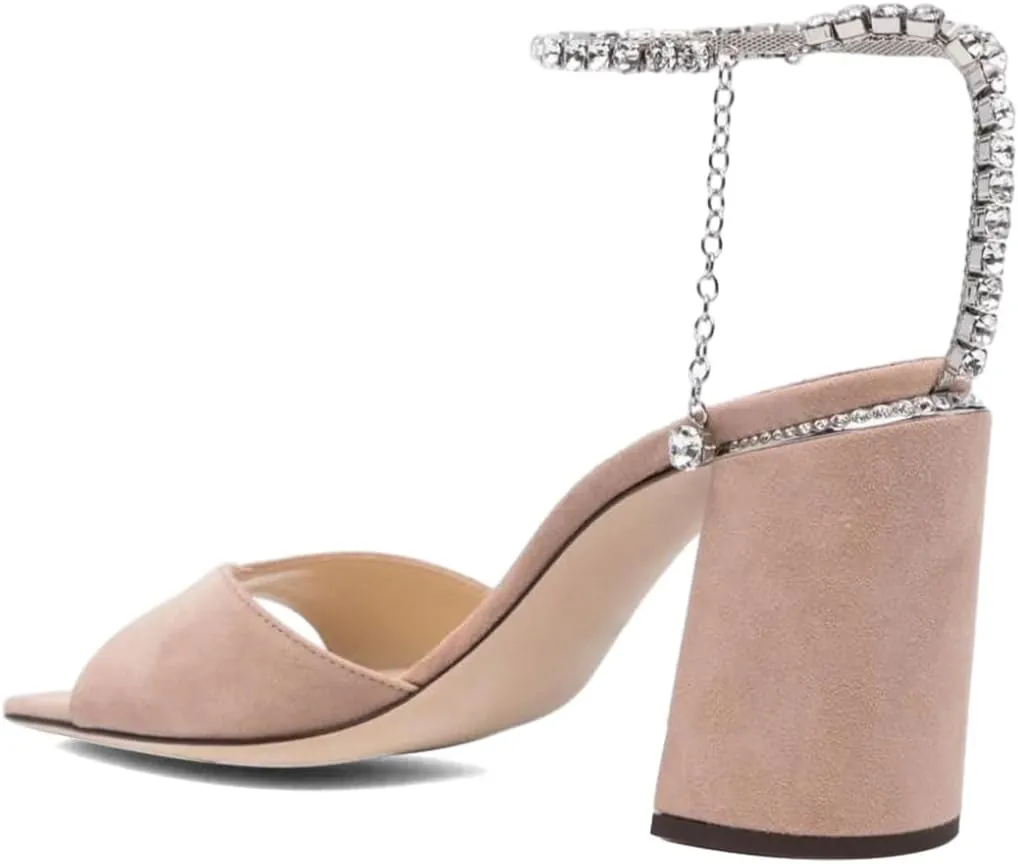 XYD Women's Chunky Block Heel Sandals Crystal Chain Ankle Strap Square Open Toe Pumps Stylish Evening Party Prom Shoes