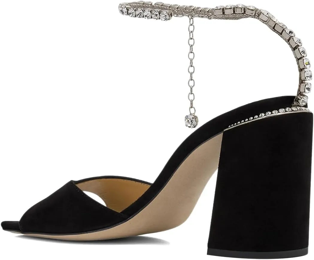 XYD Women's Chunky Block Heel Sandals Crystal Chain Ankle Strap Square Open Toe Pumps Stylish Evening Party Prom Shoes