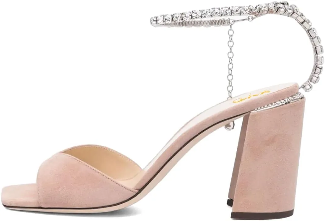 XYD Women's Chunky Block Heel Sandals Crystal Chain Ankle Strap Square Open Toe Pumps Stylish Evening Party Prom Shoes