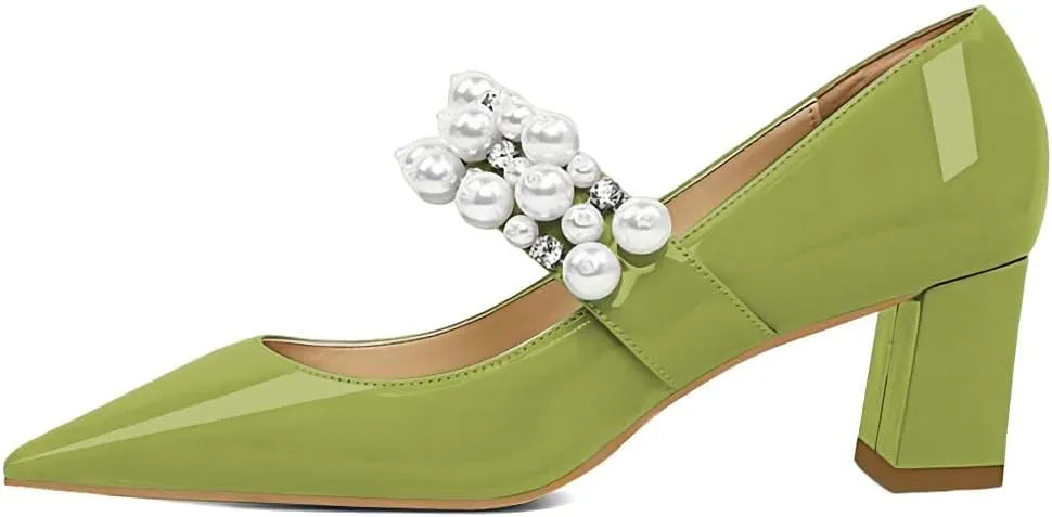 XYD Women's Pointed Toe Chunky Pumps Slip On Mary Jane Single Strap with Pearl Studs Mid Heels Stylish Party Dress Shoes