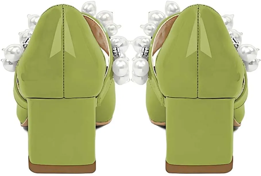 XYD Women's Pointed Toe Chunky Pumps Slip On Mary Jane Single Strap with Pearl Studs Mid Heels Stylish Party Dress Shoes