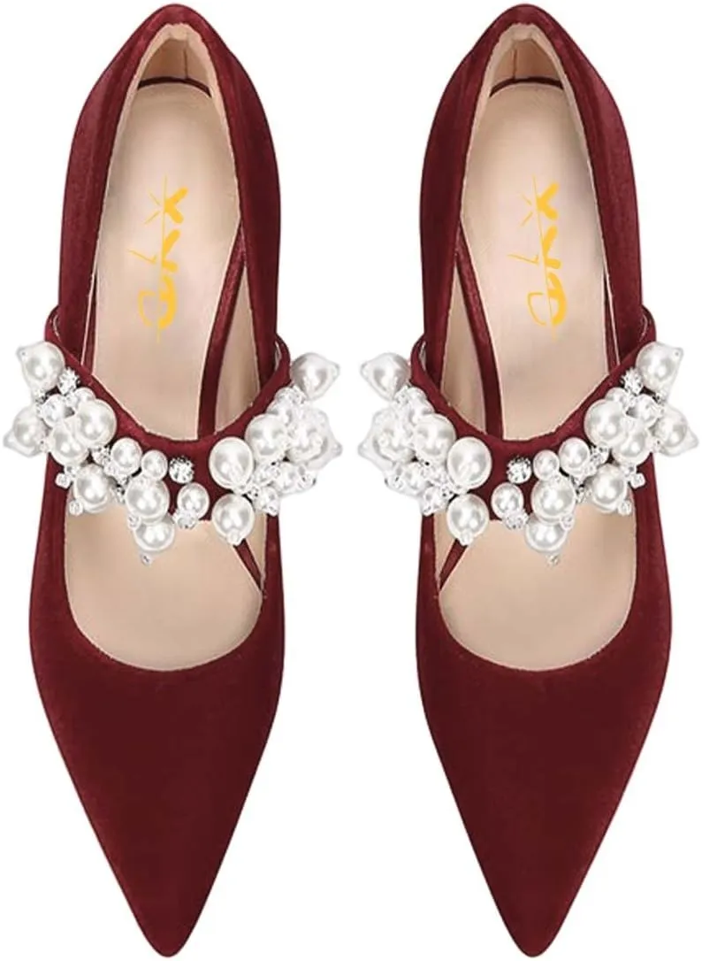 XYD Women's Pointed Toe Chunky Pumps Slip On Mary Jane Single Strap with Pearl Studs Mid Heels Stylish Party Dress Shoes