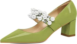 XYD Women's Pointed Toe Chunky Pumps Slip On Mary Jane Single Strap with Pearl Studs Mid Heels Stylish Party Dress Shoes