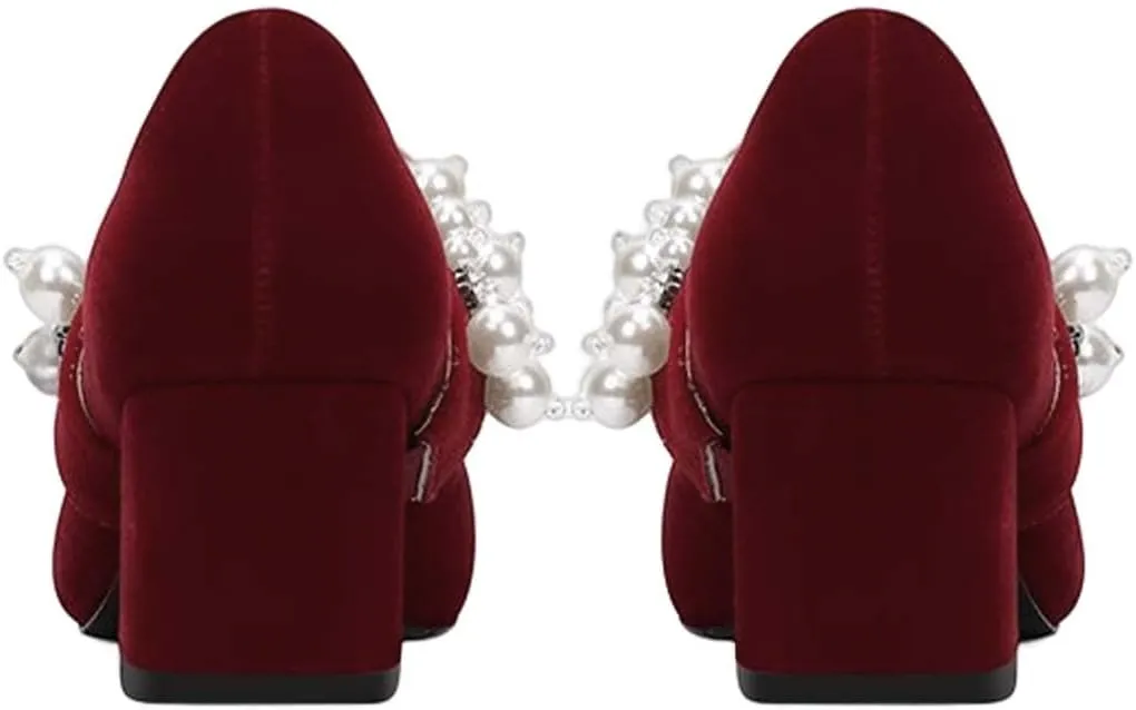 XYD Women's Pointed Toe Chunky Pumps Slip On Mary Jane Single Strap with Pearl Studs Mid Heels Stylish Party Dress Shoes