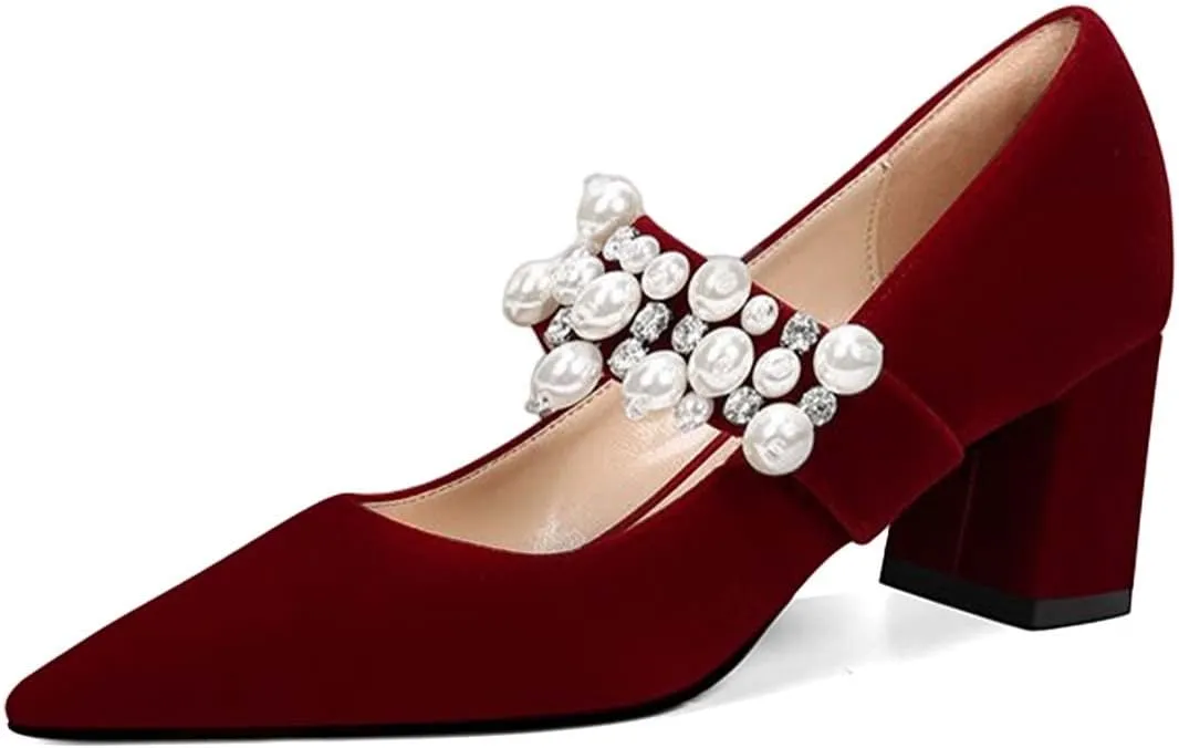 XYD Women's Pointed Toe Chunky Pumps Slip On Mary Jane Single Strap with Pearl Studs Mid Heels Stylish Party Dress Shoes