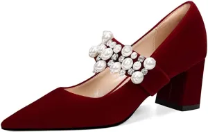 XYD Women's Pointed Toe Chunky Pumps Slip On Mary Jane Single Strap with Pearl Studs Mid Heels Stylish Party Dress Shoes