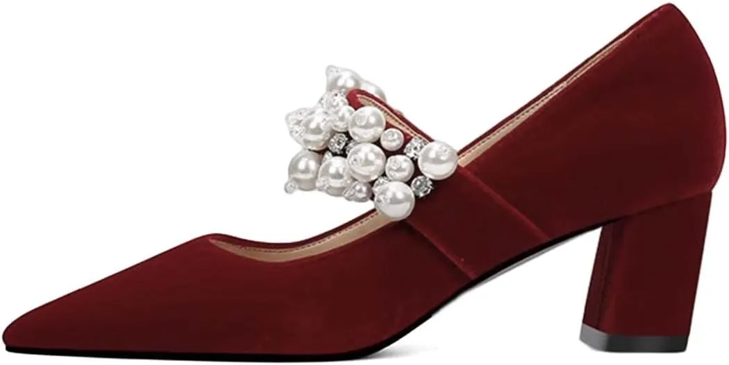 XYD Women's Pointed Toe Chunky Pumps Slip On Mary Jane Single Strap with Pearl Studs Mid Heels Stylish Party Dress Shoes