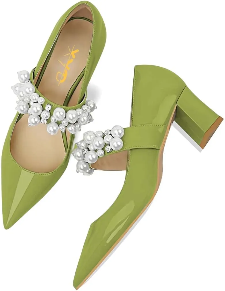 XYD Women's Pointed Toe Chunky Pumps Slip On Mary Jane Single Strap with Pearl Studs Mid Heels Stylish Party Dress Shoes