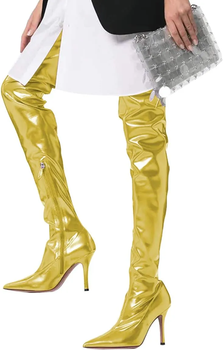 YDN Women Over The Knee Thigh High Stiletto Boots Pointed Stylish Closed Pointed Toe Stretchy Side Zipper Shoes