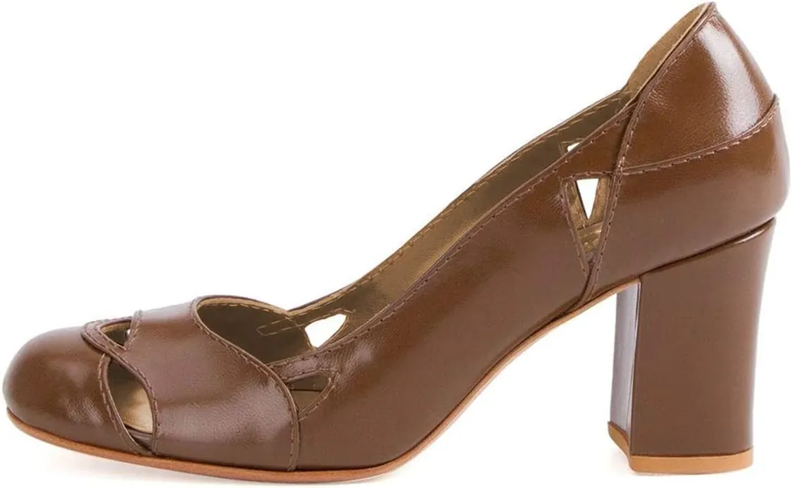 YDN Women Stylish Cutout Block Chunky High Heel Slip On Pumps Classic Round Toe Formal Casual Dress Shoes