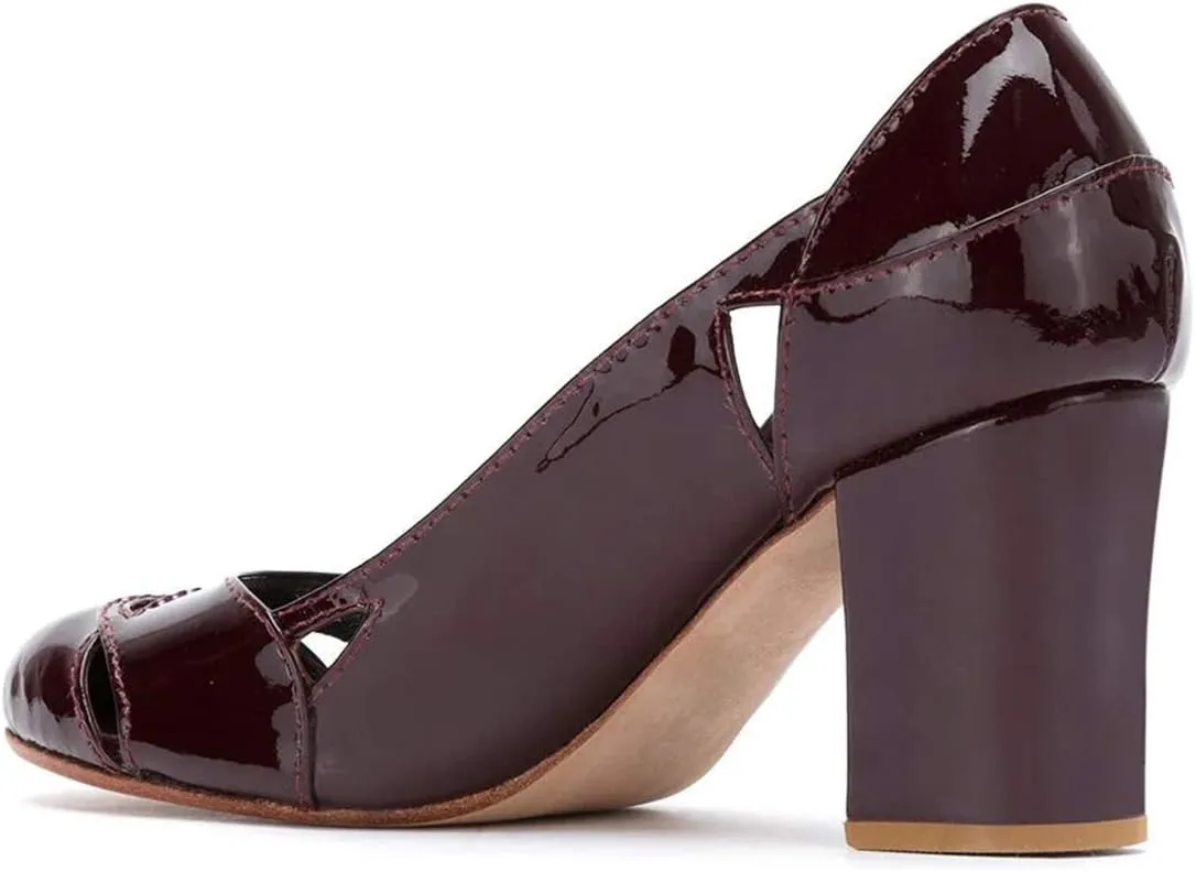 YDN Women Stylish Cutout Block Chunky High Heel Slip On Pumps Classic Round Toe Formal Casual Dress Shoes