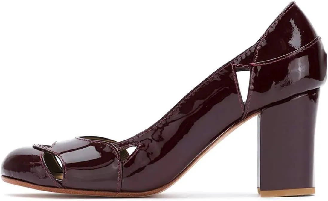 YDN Women Stylish Cutout Block Chunky High Heel Slip On Pumps Classic Round Toe Formal Casual Dress Shoes