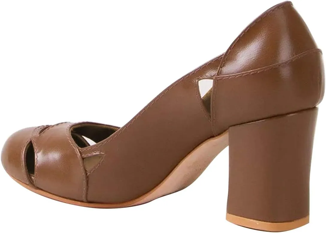 YDN Women Stylish Cutout Block Chunky High Heel Slip On Pumps Classic Round Toe Formal Casual Dress Shoes