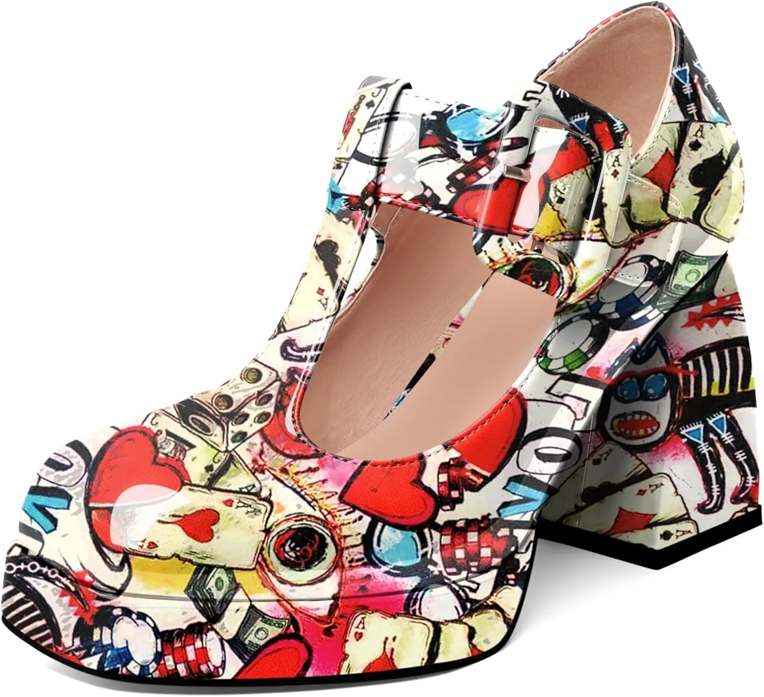YODEKS Women's High Heels Square Toe Mary Jane Pumps Chunky Heel Platform Dress Shoes