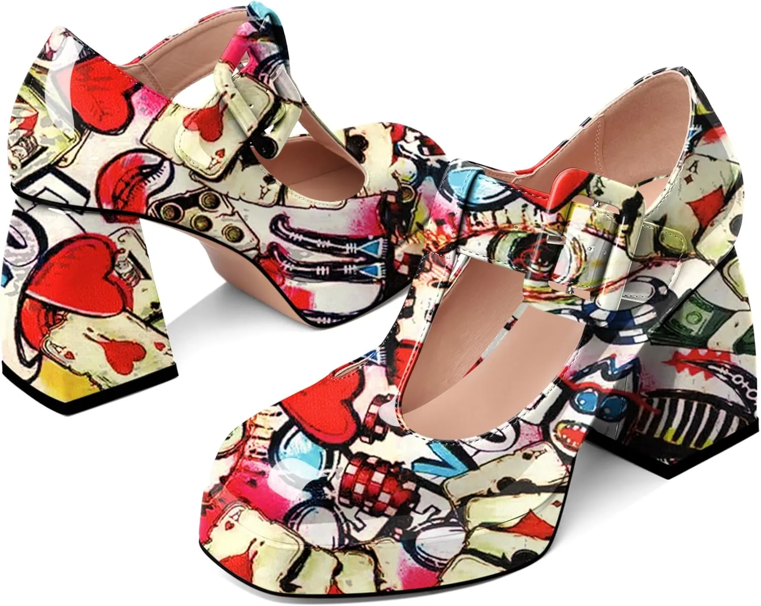 YODEKS Women's High Heels Square Toe Mary Jane Pumps Chunky Heel Platform Dress Shoes