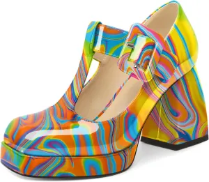 YODEKS Women's High Heels Square Toe Mary Jane Pumps Chunky Heel Platform Dress Shoes