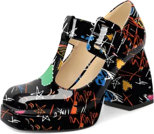 YODEKS Women's High Heels Square Toe Mary Jane Pumps Chunky Heel Platform Dress Shoes