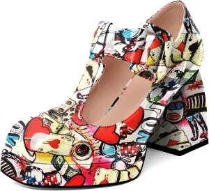 YODEKS Women's High Heels Square Toe Mary Jane Pumps Chunky Heel Platform Dress Shoes