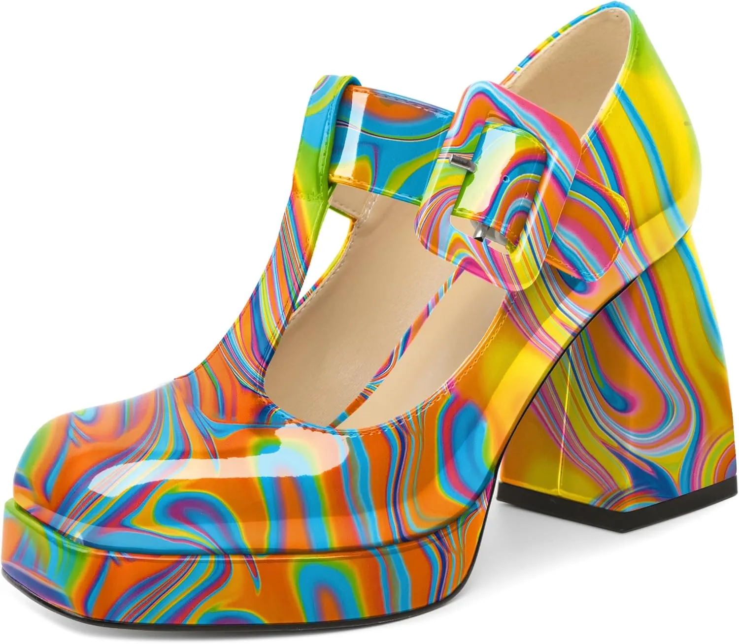 YODEKS Women's High Heels Square Toe Mary Jane Pumps Chunky Heel Platform Dress Shoes