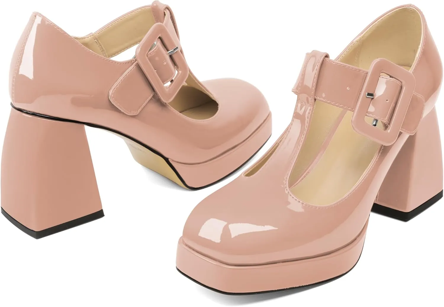 YODEKS Women's High Heels Square Toe Mary Jane Pumps Chunky Heel Platform Dress Shoes