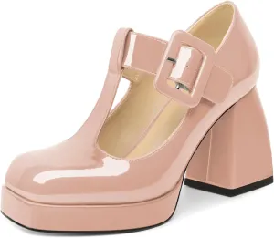 YODEKS Women's High Heels Square Toe Mary Jane Pumps Chunky Heel Platform Dress Shoes