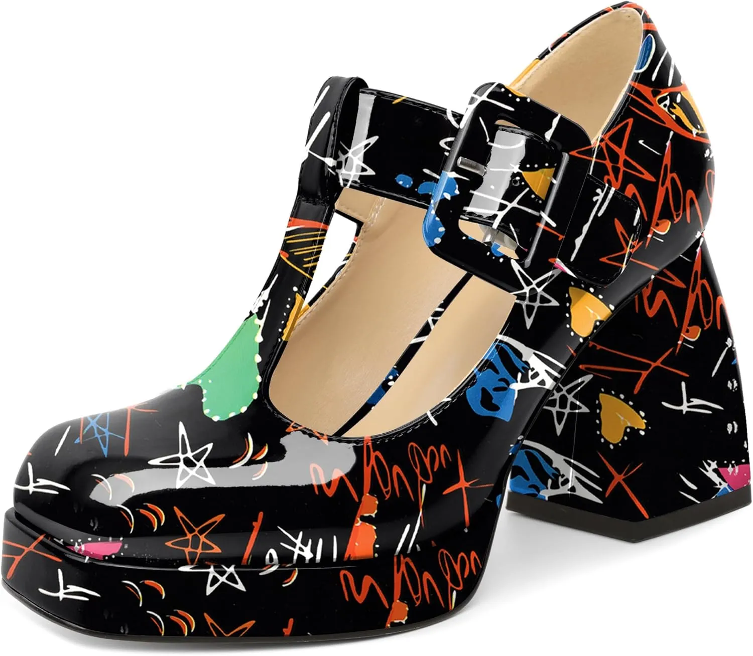 YODEKS Women's High Heels Square Toe Mary Jane Pumps Chunky Heel Platform Dress Shoes