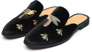 YYQL Mens Slippers with Arch Support Embroidered Leather Sandals for Men Slip On House Shoes with Indoor Outdoor Anti-Skid Rubber Sole Size 7-13