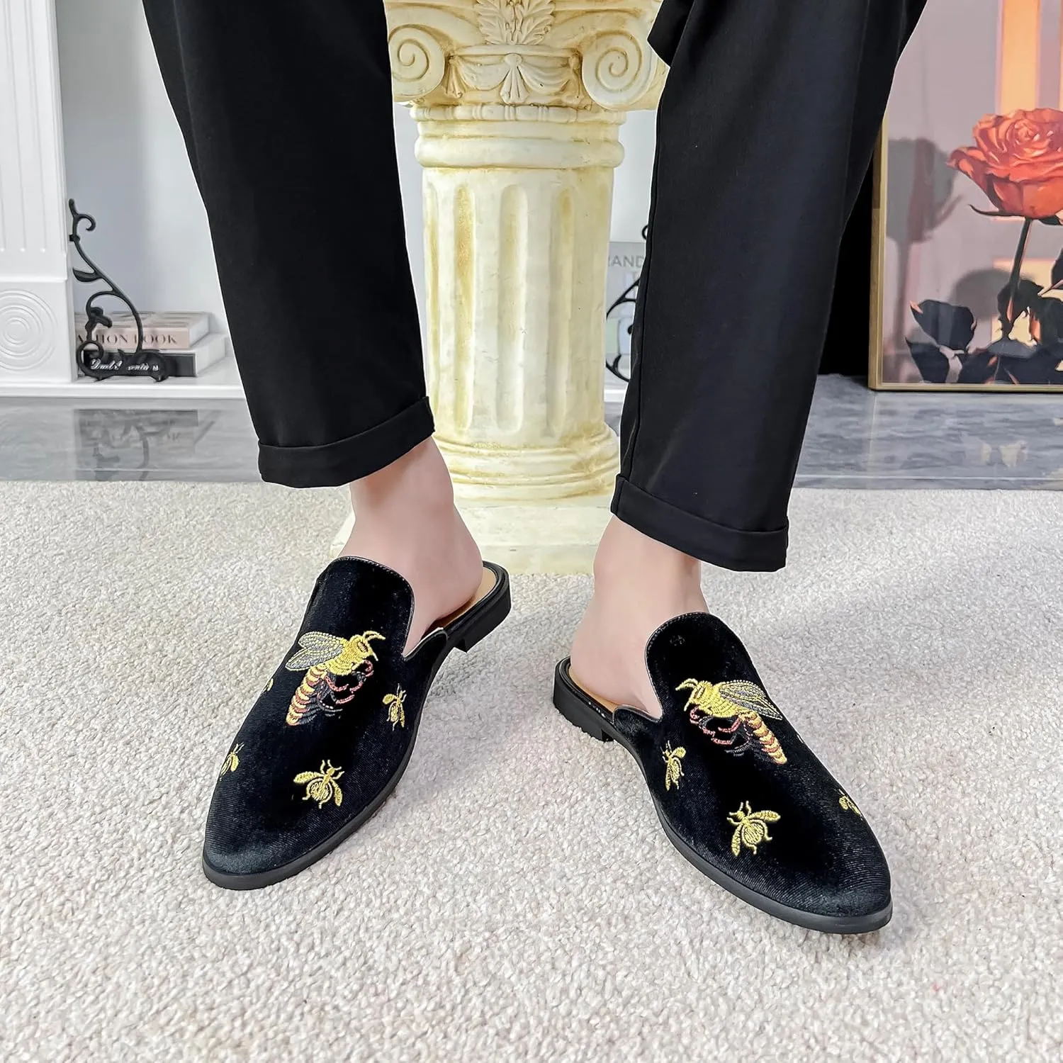 YYQL Mens Slippers with Arch Support Embroidered Leather Sandals for Men Slip On House Shoes with Indoor Outdoor Anti-Skid Rubber Sole Size 7-13